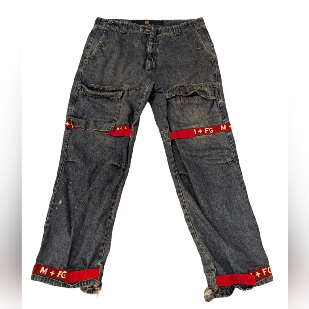 Vintage MARITHÉ FRANCOIS GIRBAUD Red Strap Streetwear Wide Leg Baggy Jeans 40x33